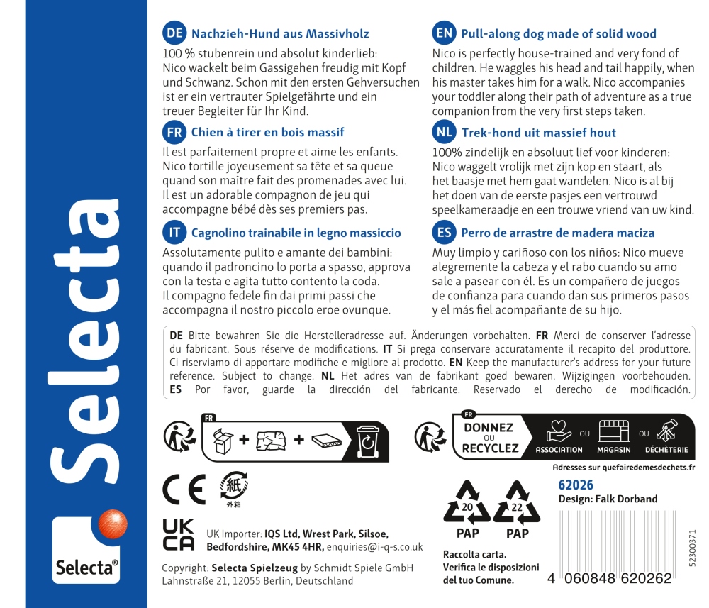 The product packaging features multilingual text, recycling symbols, and a barcode, with Selecta prominently displayed on the left alongside an illustration of a solid wood pull-along dog.